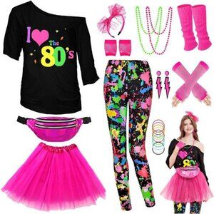 WlLDPARTY 80s Outfit Women Costume Accessories Set, T Shirt Leggings Tutu Skirt
